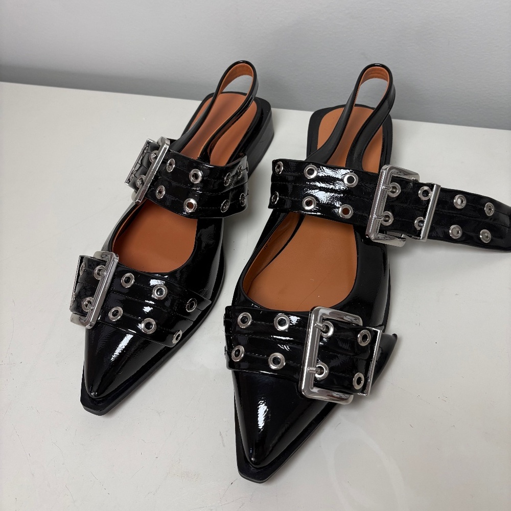 Black Patent Belt Strap flats, excellent condition, size 7